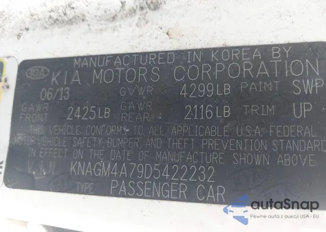 2013 Kia Optima Lx z USA, uszkodzony, nr VIN KNAGM4A79D5422232